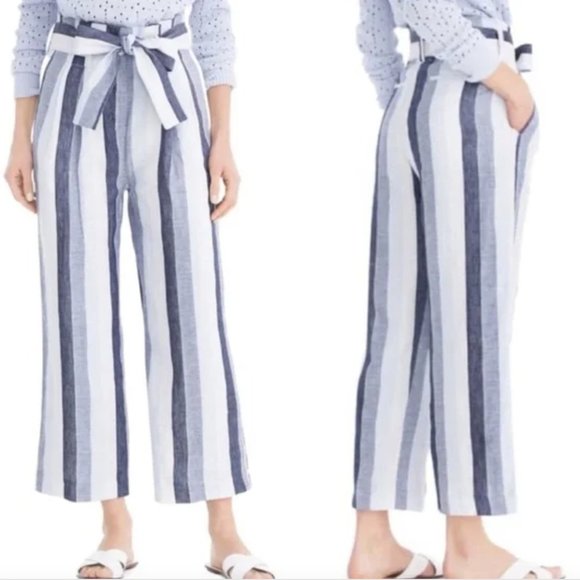 J.Crew NWOT Point Sur Paper Bag Linen Striped Wide Leg Pants, L2547 - Picture 2 of 13